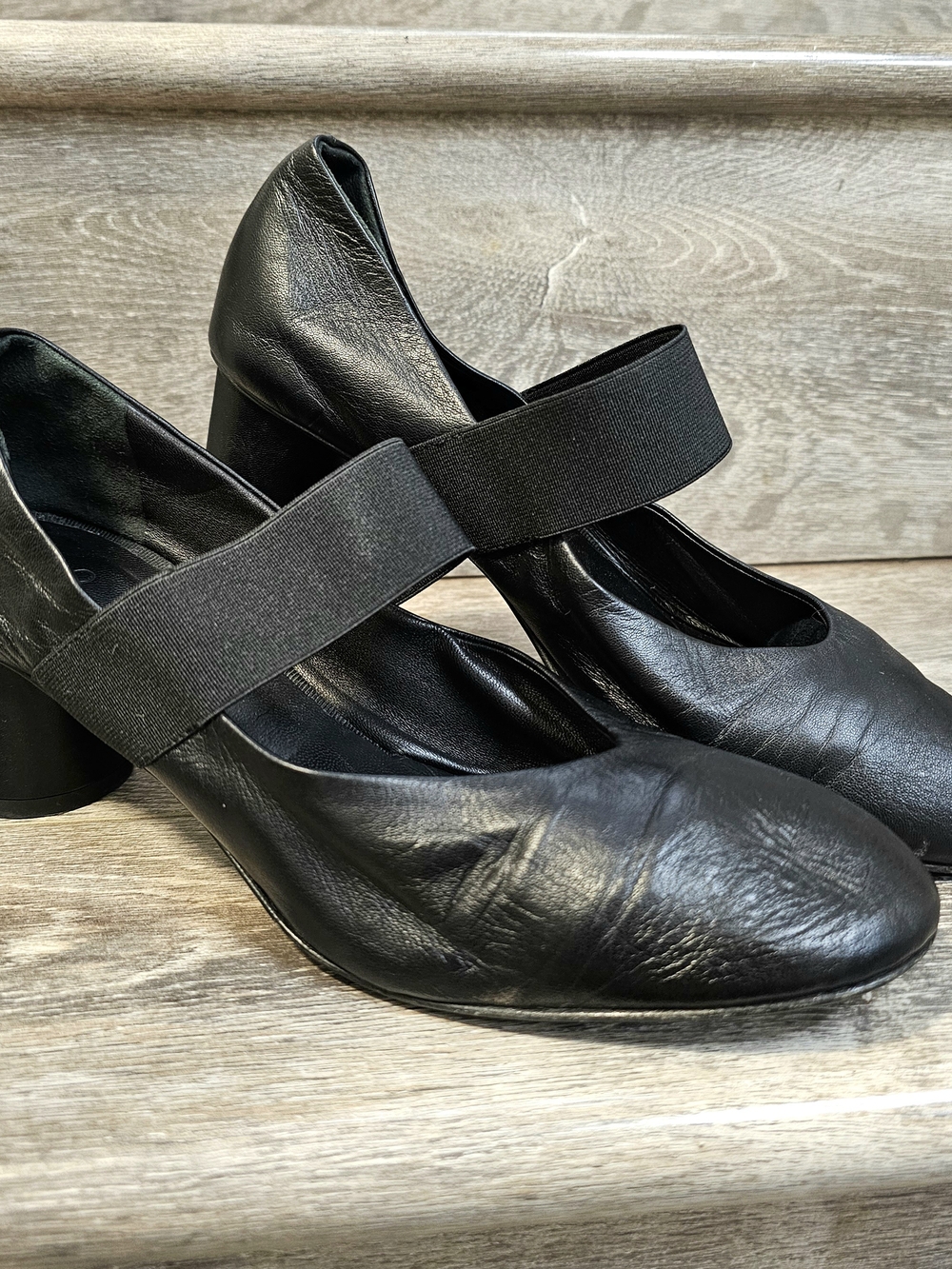 CO Black Leather Mary Jane Pumps EU 37 Made in Italy Elastic Strap Block Heel